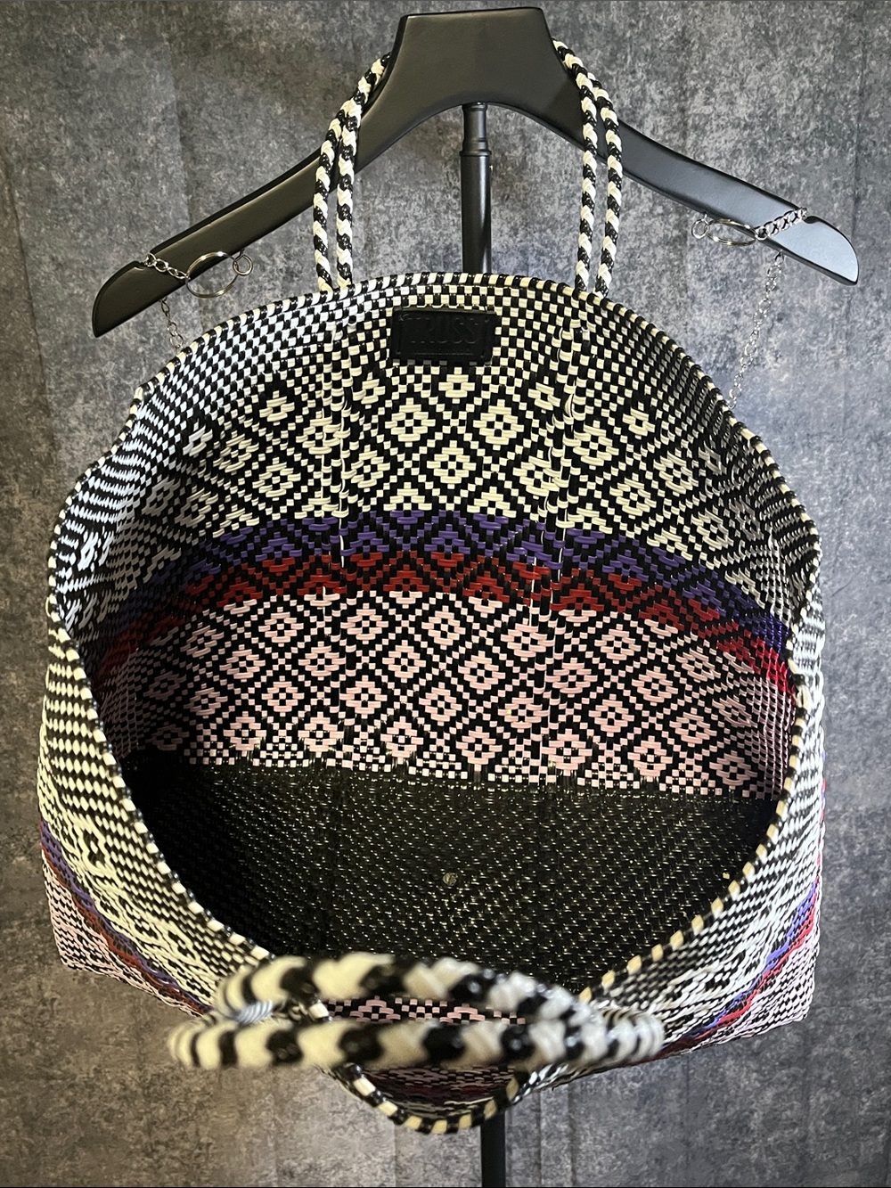Woven Geometric Tote Bag in Black, White, Pink and Purple